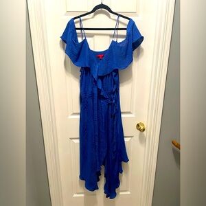 Jennifer Lopez Vibrant Blue Animal Print Textured Ruffle Dress EUC
